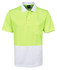 A high-visibility yellow polo shirt featuring a white lower section and a chest pocket, with a logo present.