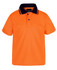 An orange work polo shirt with a dark blue collar and a front pocket, featuring a logo.