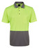 A work polo shirt in bright lime green and dark grey, featuring a collar and a chest pocket. It has a logo.