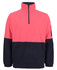 A half-zip polar fleece in coral and navy, featuring a chest pocket and a branded logo on the sleeve.