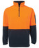 A polar fleece in vibrant orange and navy blue, featuring a half zip and a sleeve pocket. Includes a logo.