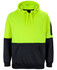 A high-visibility hoodie in bright yellow and black, featuring a front pocket and a branding logo.