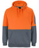 An orange and grey hoodie featuring a front pocket and a logo. Designed as workwear for comfort and durability.