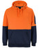 A hooded sweatshirt featuring a bright orange upper and a navy blue lower, with a front pocket and a logo.