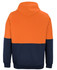 An orange and navy blue hoodie with a hood, featuring a colour-block design and a logo on the front.