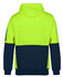 A hoodie featuring a high-visibility yellow upper and navy blue lower section, with a logo on the left sleeve.
