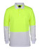 A long-sleeved polo shirt in fluorescent yellow and white, featuring a chest pocket and a logo.