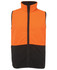 An orange and black vests with a zip front and high collar, featuring side pockets and a logo.