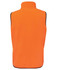 An orange work vest with a high collar and black trim, featuring a logo on the front.