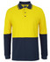 A long-sleeve polo shirt in bright yellow and navy blue with a chest pocket and a logo.