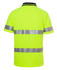A high-visibility yellow polo shirt with reflective strips and a collar, featuring a logo on the front.