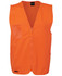 An orange safety vest featuring a zip front and a clear pocket, suitable for safety wear. It includes a logo.