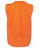 An orange safety vest with a sleeveless design, featuring pockets and a logo.