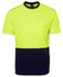 A high-visibility work t-shirt in bright yellow with a navy blue lower section and a pocket. It features a logo.