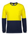 A long-sleeved crew neck T-shirt in high-visibility yellow and navy blue, featuring a pocket and a logo.