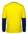 A long-sleeve crew neck cotton T-shirt in yellow with navy blue sleeves, featuring a logo.