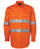 An orange long-sleeve work shirt with reflective silver stripes and a logo. It features two chest pockets and a button-up front.