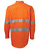 An orange long-sleeve work shirt featuring reflective strips and a collar, with a branding logo.