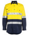 A long-sleeved work shirt in yellow and navy, featuring reflective stripes and a branded logo.