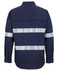 A navy long-sleeve work shirt featuring reflective tape on the back. Includes a logo.