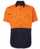 An orange and navy short-sleeve work shirt with two chest pockets and a logo.