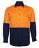 An orange and navy blue long-sleeve work shirt with two front pockets and a logo.