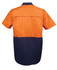 An orange and navy short-sleeved work shirt with a logo on the back.