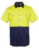 A short-sleeved work shirt in bright yellow and navy blue with two front pockets and a brand logo.