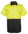 A short-sleeved work shirt in bright yellow and black, featuring a button-up front and two chest pockets.