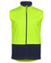 A lime and navy three-layer softshell vest with a zip front and a logo on it.