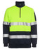 A high-visibility fleecy jumper in fluorescent yellow and navy blue, featuring reflective stripes and a zip collar.