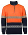 A work jumper featuring an orange and navy design, with reflective segmented tape stripes and a zippered neck.