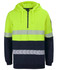 A high-visibility segmented tape hoodie in bright yellow and navy, featuring a half-zip and hood. It includes reflective strips and a logo.