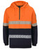 An orange and navy hoodie with segmented reflective tape and a front half-zip design. The hoodie features a hood and has a logo.