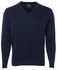 A knitted jumper in navy blue with a V-neck design and long sleeves. It features a logo on the label.