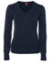 A dark navy ladies' knitted jumper featuring a V-neck and long sleeves. It has a subtle branding detail.