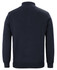 A navy knitted jumper featuring a half-zip collar and a ribbed hem, showcasing a plain design and a logo.