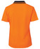 A short-sleeved women's polo shirt in vibrant orange with a black collar and contrasting stripes. It features a logo.