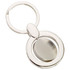 A silver swivel keyring featuring a circular design and a smooth, polished surface.