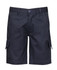 A pair of black cargo shorts featuring side pockets and a button closure, with a logo on the waistband.