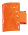 An orange plastic badge holder with a clear pocket and an adjustable strap. It has a logo on the surface.