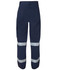 Navy work pants featuring reflective tape, designed for safety and comfort, with various pockets and a logo.