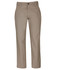 A pair of beige stretch canvas trousers with a button closure and front pockets. Features a logo on the waistband.