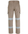 A pair of light brown cargo pants featuring reflective D+N tape across the lower legs and multiple pockets.