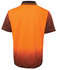 A high visibility short-sleeve polo shirt in orange with a black spider web design. Features a collar and branding.