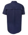 A navy short-sleeved work shirt with a back yoke detail and a logo on the side.