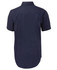 A navy short-sleeved work shirt with a back yoke and a curved hem, featuring a brand logo.