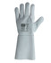 A pair of grey welder gloves featuring a logo and a long cuff design. Suitable for protective clothing accessories.