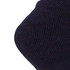 A close-up of a navy blue work sock made from bamboo, featuring a textured knit and a logo.