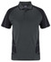 A polo shirt featuring a dark grey body with black accents and a logo on the collar.